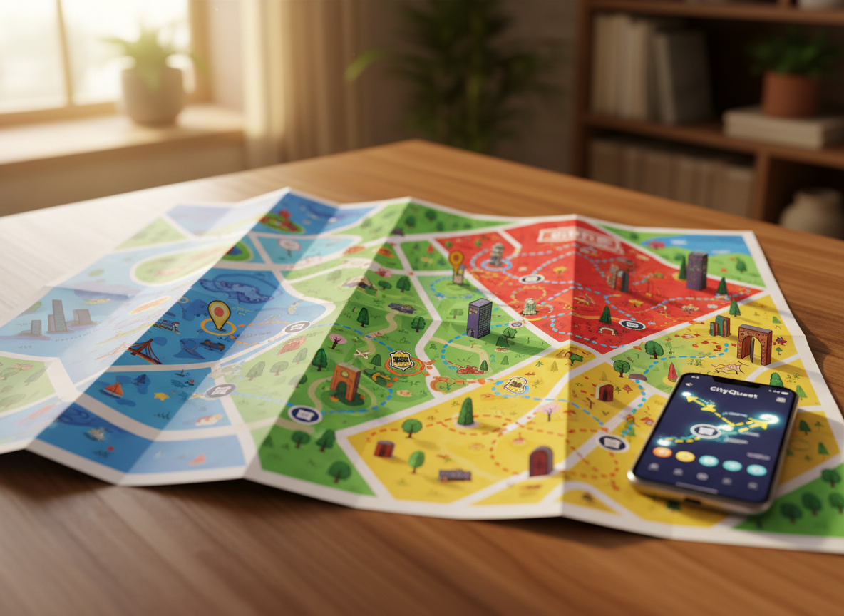 A colorful, stylized city map spread across a sleek wooden table, each neighborhood represented by bright, playful icons of landmarks, bridges, parks, and hidden alleys. Tiny illustrated route lines weave through the streets, marked with numbered checkpoints, digital voucher symbols, and star-shaped rewards. Soft afternoon light from an unseen window washes over the map, creating gentle reflections on a nearby smartphone displaying a CityQuest interface with a glowing route. Photographic realism with vibrant colors, shot from a slightly elevated angle with shallow depth of field, keeping the map in sharp focus while the background fades into a warm, inviting blur, suggesting energetic urban exploration and playful discovery.